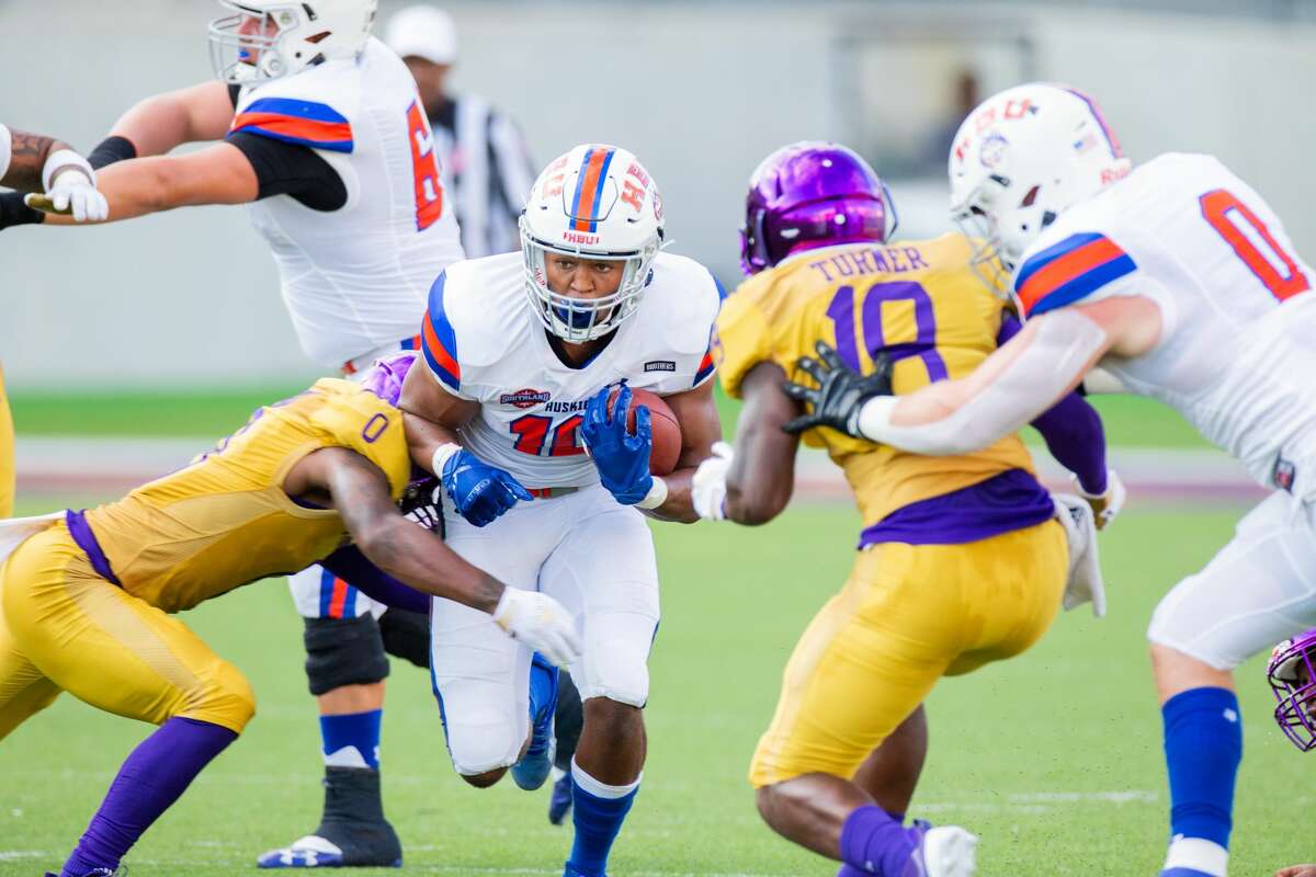 Houston Baptist University RB Xzavier Ford (10) rushes for yardage during the first half of action between Houston Baptist University vs. Prairie View A&M during a College football game at the Panther Stadiium/Blackshear Field, Saturday, September 18, 2021, in Prairie View A&M. (Juan DeLeon/Contributor)