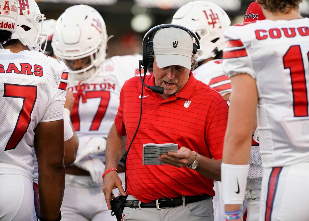 Houston Cougars head coach Dana Holgorsen during a media timeout during the first quarter of an NCAA game against the Grambling State Tigers at TDECU Stadium on Saturday, Sept. 18, 2021, in Houston.