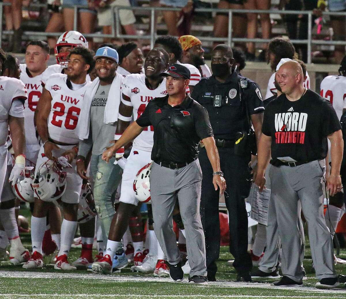 UIW head coach Eric Morris watches the closing seconds as UIW defeated Texas State 42-34 on Saturday, Sept. 18, 2021.
