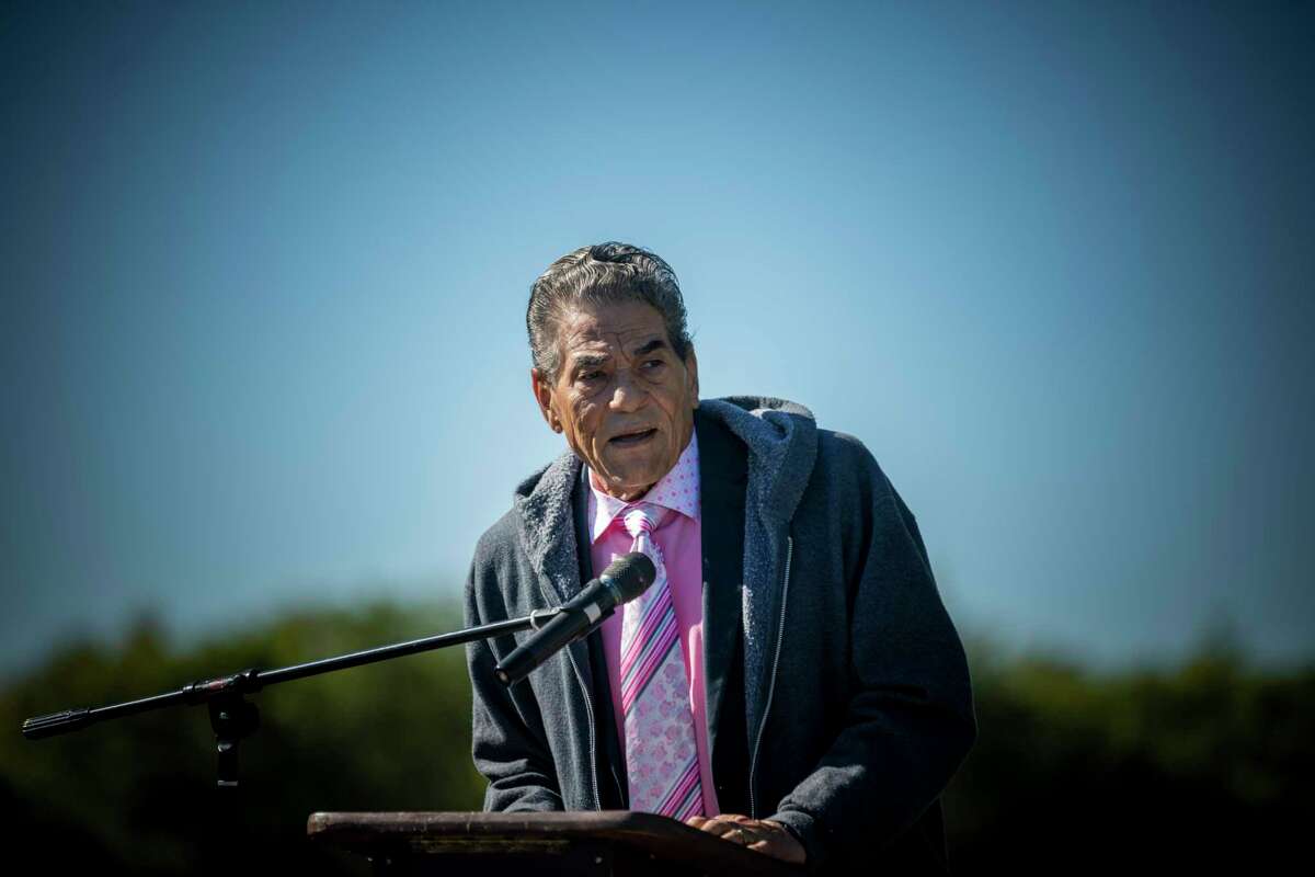 Rev. Joe Webb Sr., a community leader on San Antonio’s East Side and District 2 city councilman for 14 years, spoke during a new dedication of the Eastview Cemetery in 2019. Webb died on Saturday at 86 years old.