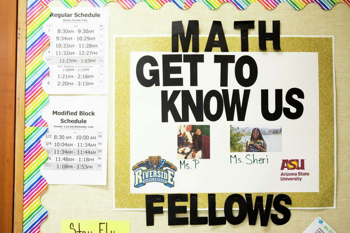 A poster introduces two math fellows, Shreya Parthiban and Sheri Sherman, inside a BluePrint Math support class at Westlake Middle School in Oakland. Westlake is using some of the funding it received for math classes for small groups of kids on the cusp of proficiency.