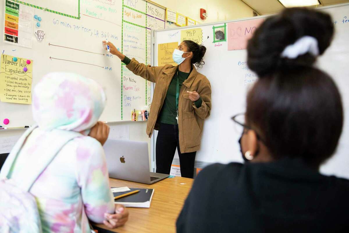 Shreya Parthiban teaches a BluePrint Math support class for seventh-graders at Westlake Middle School in Oakland. Westlake is using some of the funding it received for math classes for small groups of kids on the cusp of proficiency.