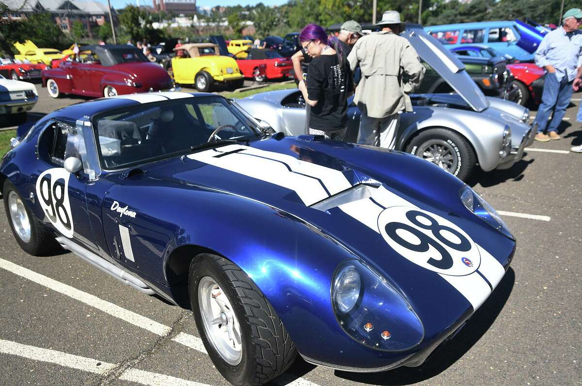 A Shelby Daytona Coupe Cobra is the belle of the ball at the 4th Annual Rallye For Pancreatic Cancer car show at Riverview East in Norwalk, Conn. on Sunday, September 19, 2021.