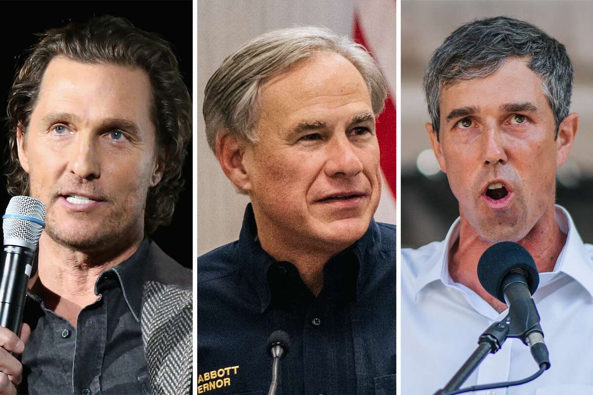 Matthew McConaughey (left), Greg Abbott (center) and Beto O'Rourke (right) are pictured together in this composite image.