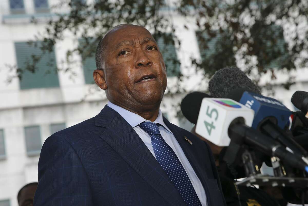 Houston Mayor Sylvester Turner speaks during a press conference on two police officers were shot while serving an arrest warrant at 5300 block of Aeropark Drive Monday, Sept. 20, 2021, at Memorial Hermann Hospital in Houston.