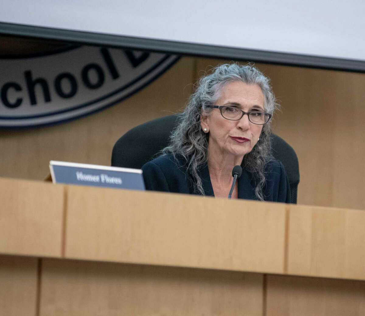 South San ISD school board president Connie Prado, center, speaks during a special meeting to discuss how to fill three vacancies on the board created when three trustees resigned to protest the departure of Superintendent Alexandro Flores in 2019.