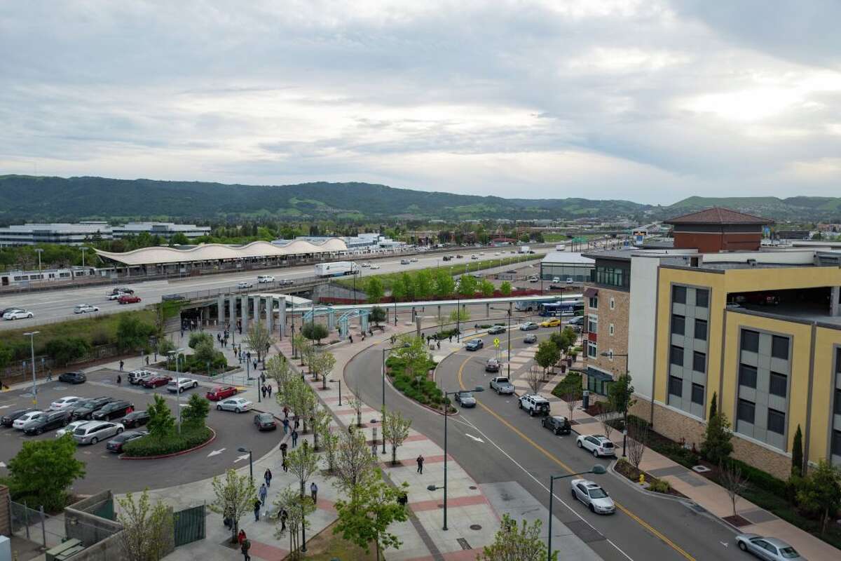 Aerial view of the Dublin/Pleasanton BART station with I-580 visible in the background, April 9, 2018.