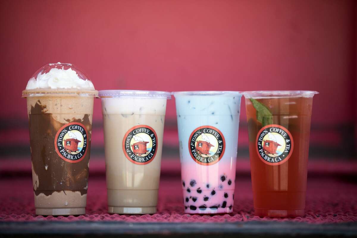 Left to right, the Nutella frappuccino, Ode to Pacifica (a taro white mocha), the Rainbow Railroad and Strawberry Mango Mojito are some of the signature boba and coffee drinks available at P-Town Coffee and Tea in Pacifica, Calif.