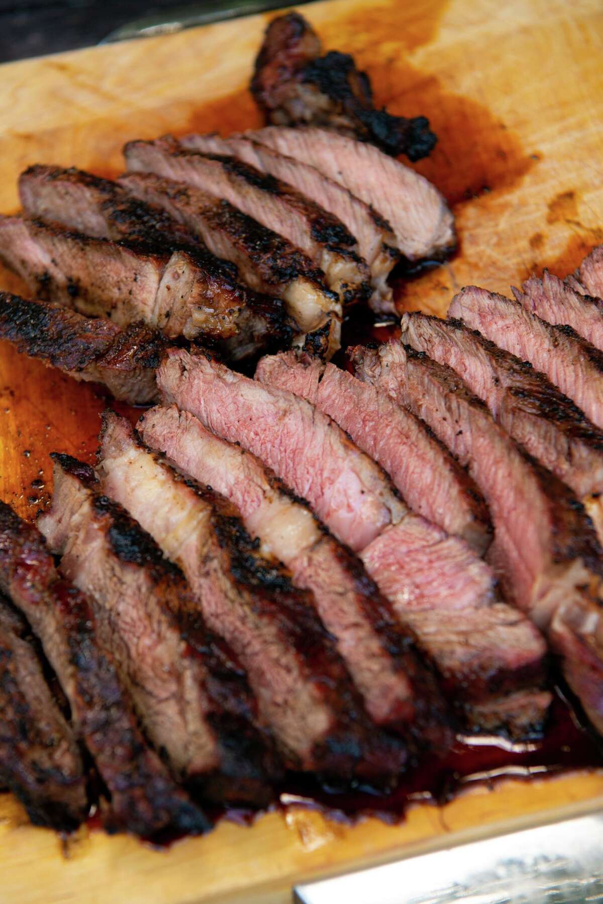 Rib-eye steaks of varying thickness were grilled and sliced in Chuck's Food Shack.