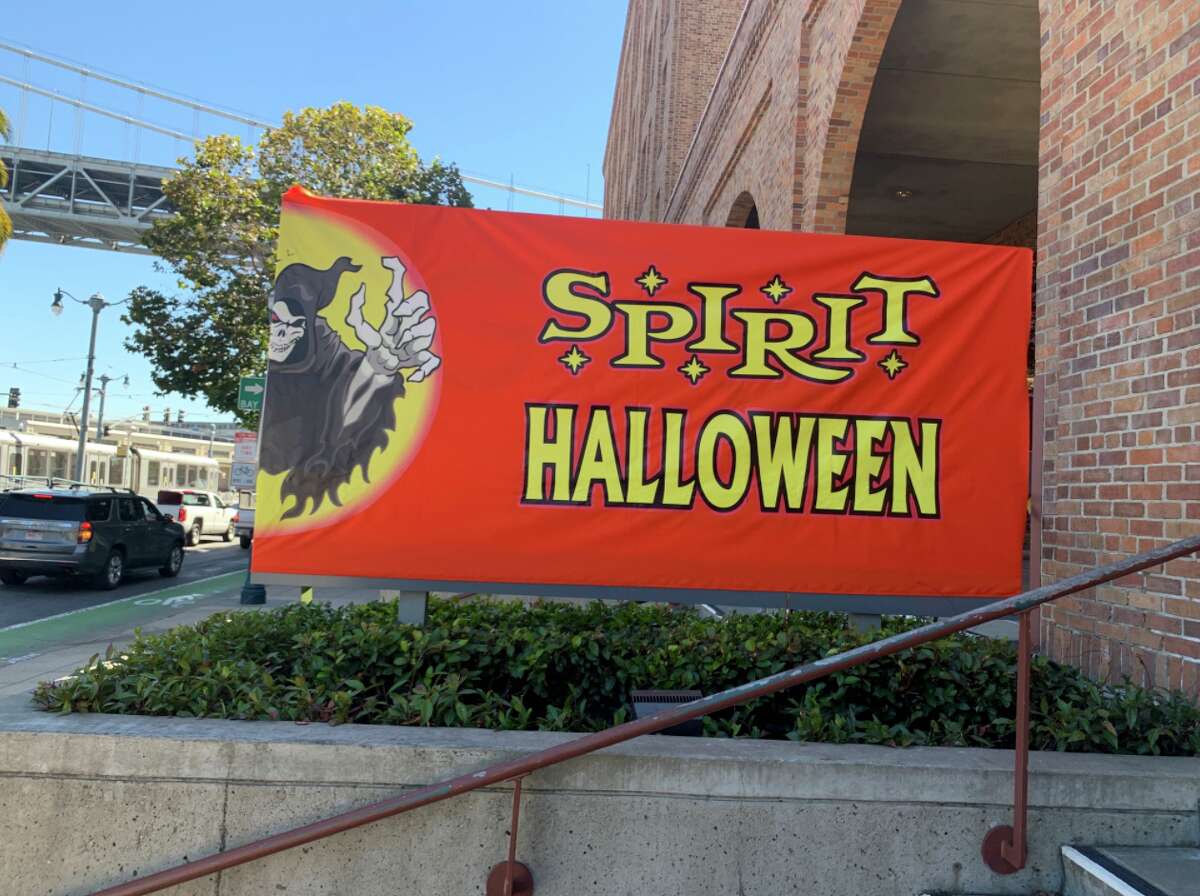 Concept artist Danielle Baskin has temporarily installed a Spirit Halloween sign at the Google offices on Embarcadero.