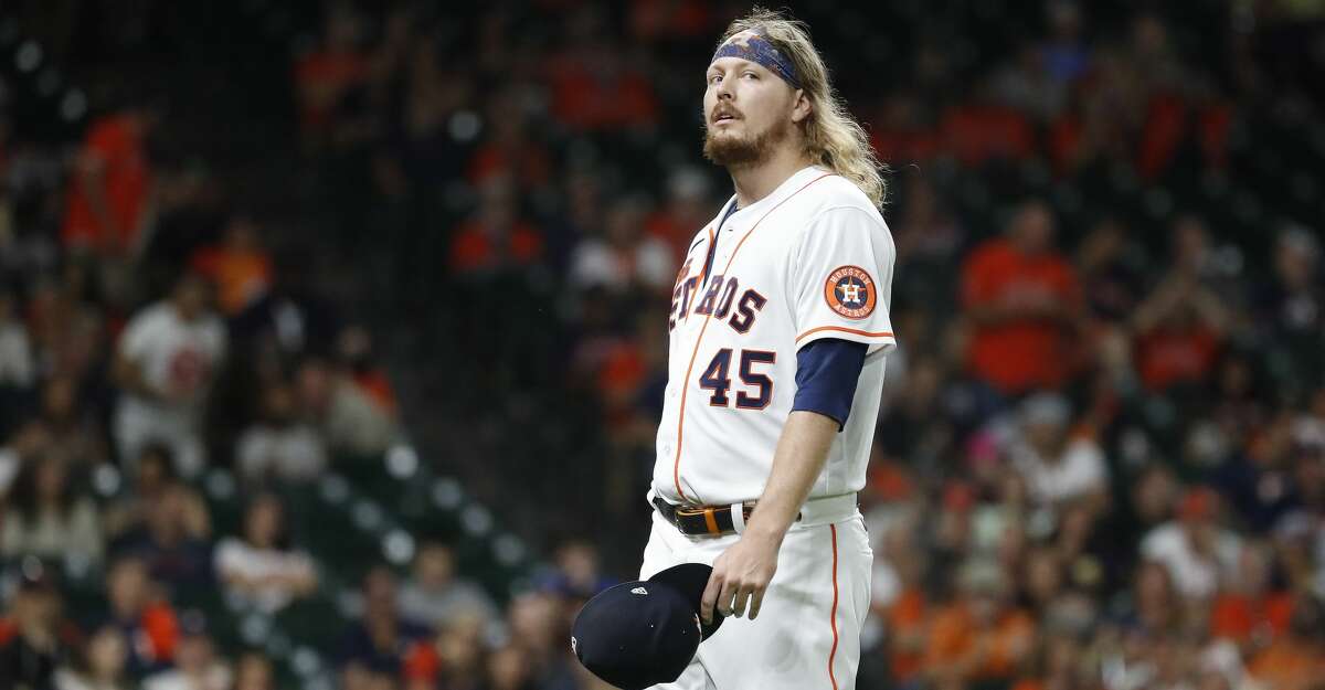 Houston, Texas. June 22, 2022, Houston Astros relief pitcher Ryne Stanek  (45) pitches in the sixth inning against the New York Mets. The Astros  defeat the Mets 5-3, Wednesday, June 22, 2022