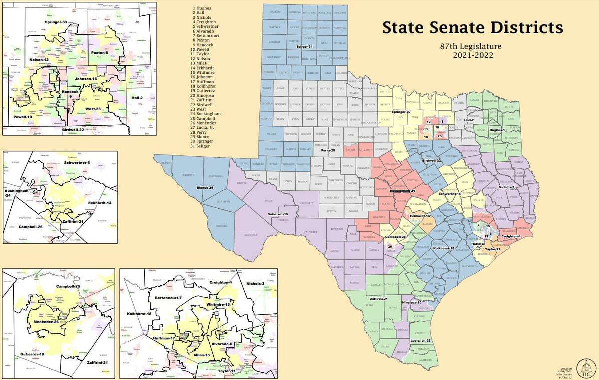 The current map of districts in the Texas State Senate.