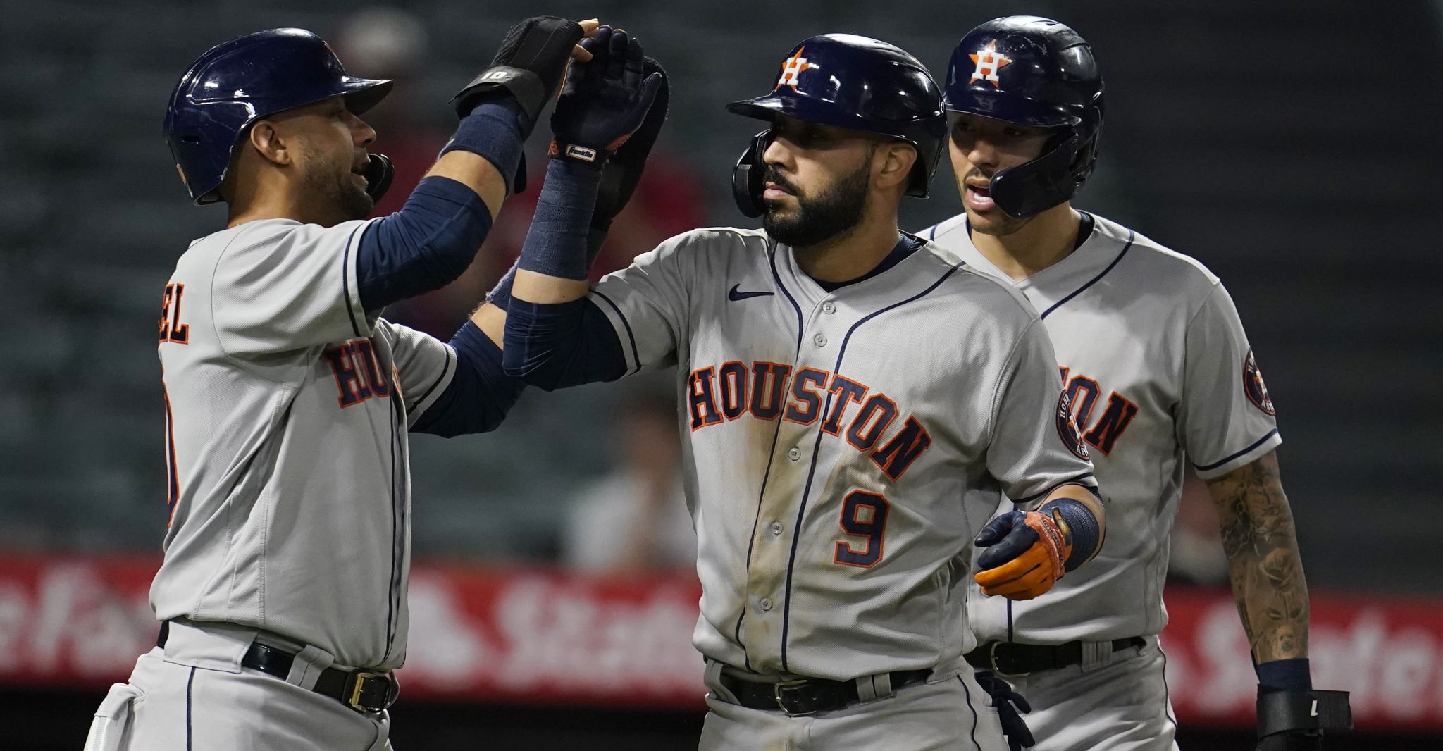 ANAHEIM, CA - SEPTEMBER 20: Houston Astros right fielder Jose Siri (26)  celebrates his lead off home run during the MLB game between the Houston  Astros and the Los Angeles Angels of