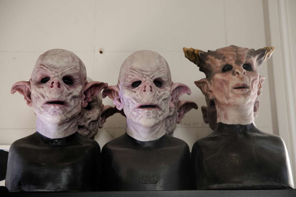 Some of the mask artists will wear to "The Immortal Judgment" at the San Francisco Mint on September 13, 2021.