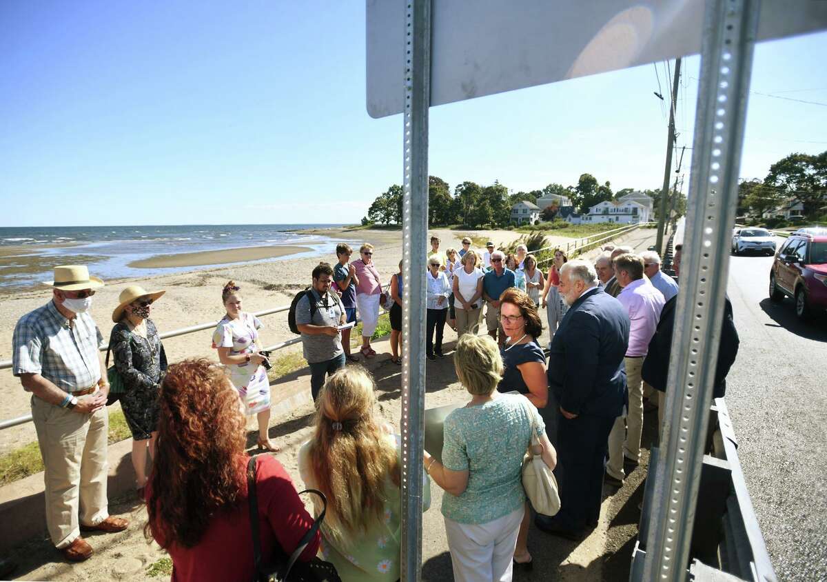 Family members of late State Rep. Richard "Dick" Roy, state and local dignitaries attend the ceremony naming a bridge across the Oyster River in his name in Milford, Conn. on Monday, September 20, 2021.