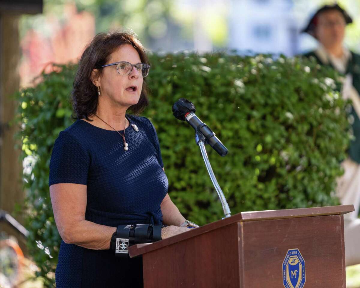 State Rep. Kathy Kennedy speaks during the Milford 9/11 ceremony at Milford City Hall on Saturday, September 11, 2021.