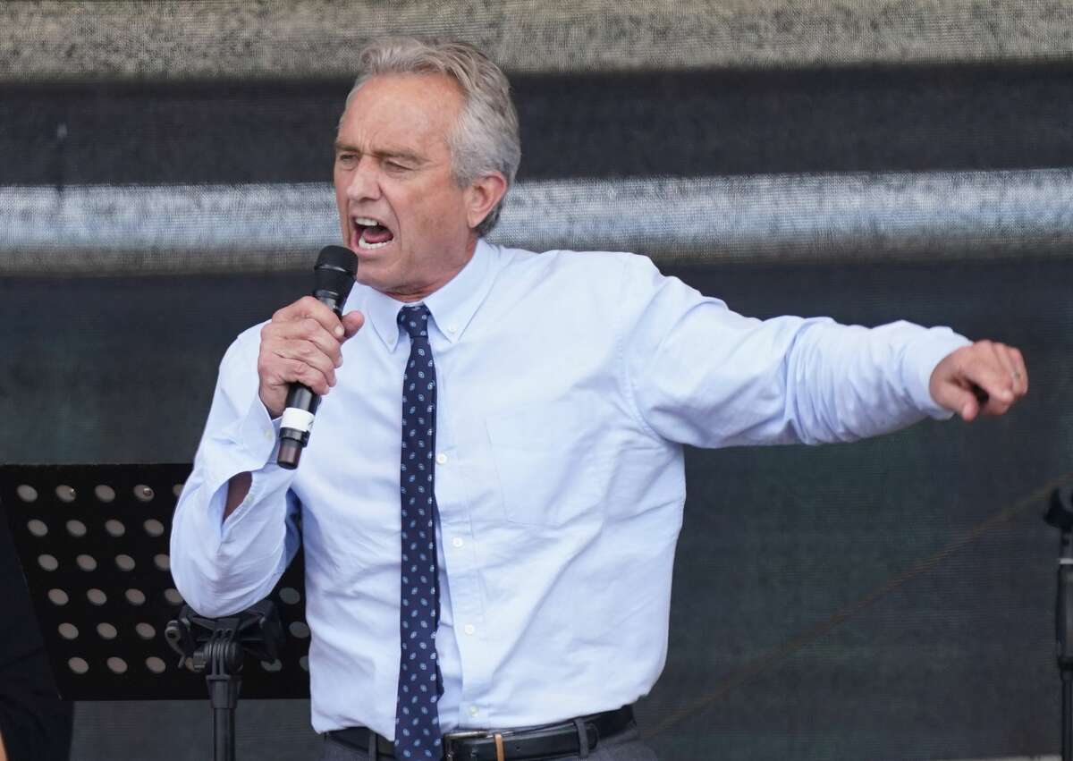 Robert F. Kennedy Jr., speaks at the Victory Column in Berlin during a protest against coronavirus-related restrictions and government policy on August 29, 2020. City authorities had banned the planned protest, citing the flouting of social distancing by participants in a similar march, but a court overturned the ban. 