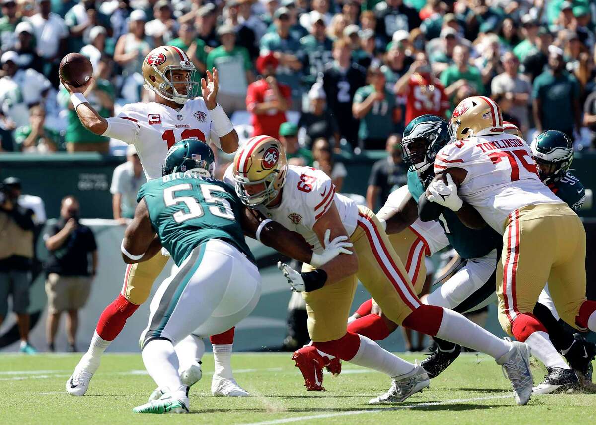 PHILADELPHIA, PA - SEPTEMBER 19: Philadelphia Eagles center Landon Dickerson  (69) looks on during the game between the Philadelphia Eagles and the San  Fransisco 49ers on September 19, 2021 at Lincoln Financial