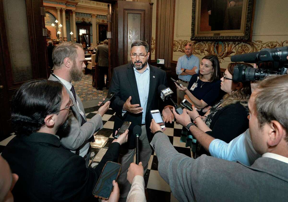 In this June photo, Senate Appropriations Committee Chairman Jim Stamas, R-Midland, discusses with the press corps the status of the K-12 supplemental funding pending in the House and the progress of the fiscal year 2022 state budget discussions.