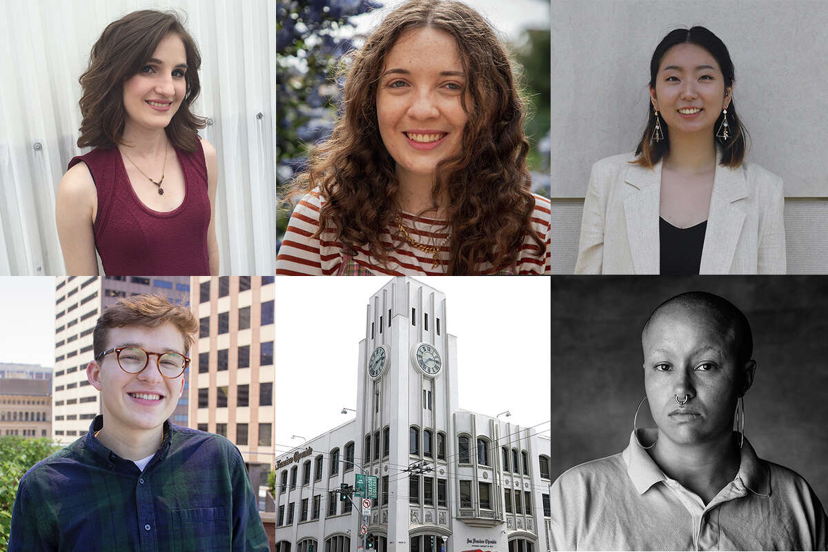The San Francisco Chronicle 2021 fall interns and fellows, clockwise from top left: Katie Licari, Emma Stiefel, Stephanie Zhu, The Chronicle building and Andres Picon. 