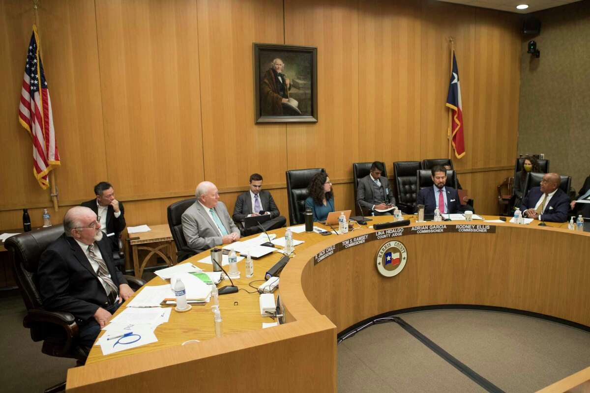 Harris County Commissioners Court, from left, Jack Cagle, Tom Ramsey, Judge Lina Hidalgo, Adrian Garcia and Rodney Ellis Tuesday, July 20, 2021 in Houston.