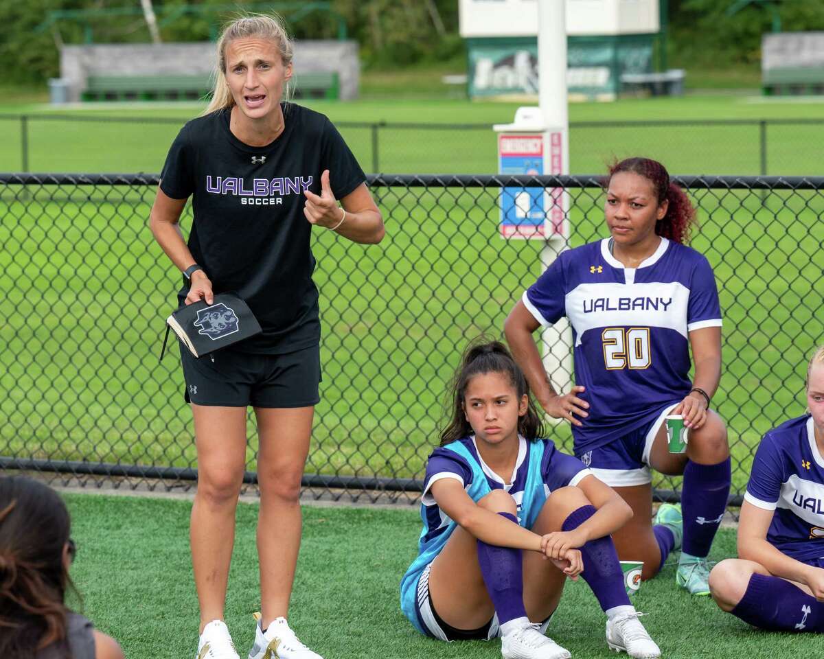 UAlbany women’s soccer coach Leigh Howard talks to her team during halftime during a game against Siena at Siena College in Loudonville, NY, on Wednesday, Sept. 22, 2021. (Jim Franco/Special to the Times Union)