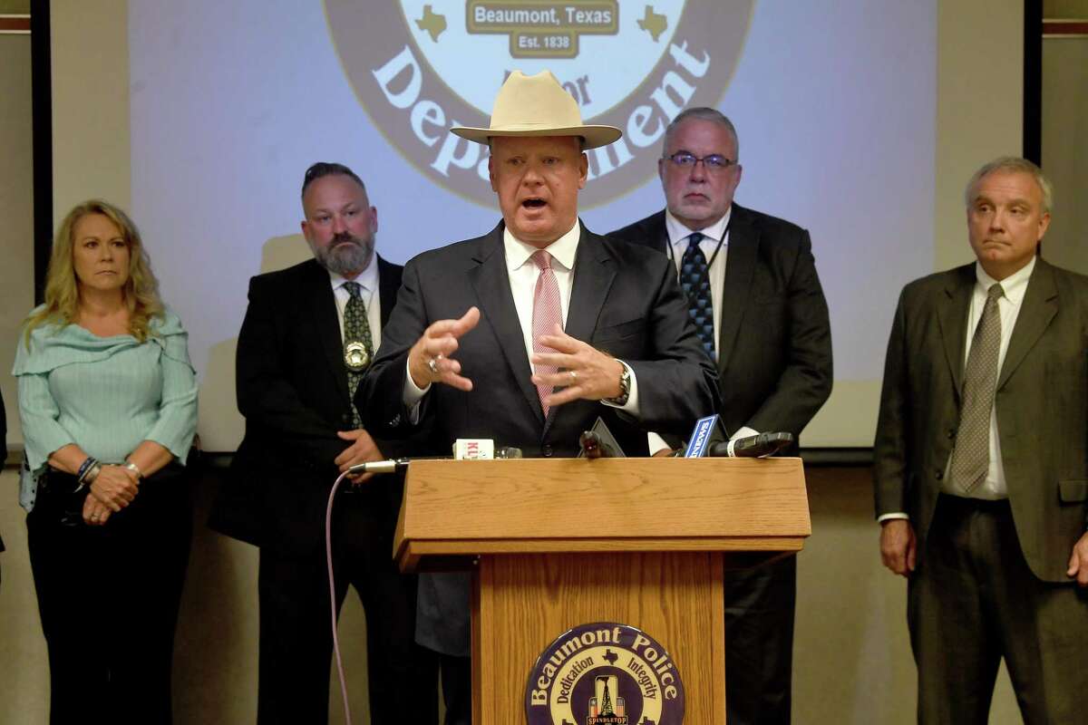 Brandon Best with the Texas Rangers speaks during a press conference at Beaumont Police headquarters to provide an update on the indictment of Clayton Bernard Foreman, who is being charged with capital murder in the 1995 assault and killing of Mary Catherine Edwards. The case was finally solved using DNA geneaology technology with the aid of "The Gene Hunter" Shera LaPoint. Photo made Wednesday, September 22, 2021 Kim Brent/The Enterprise