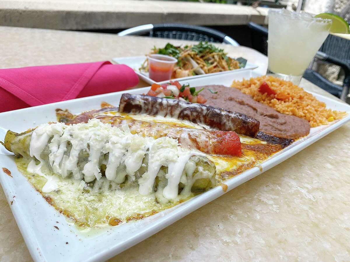 The menu at Acenar on the River Walk includes Tres Enchiladas (verde, queso and mole), jicama shrimp tacos and a hand-shaken margarita.