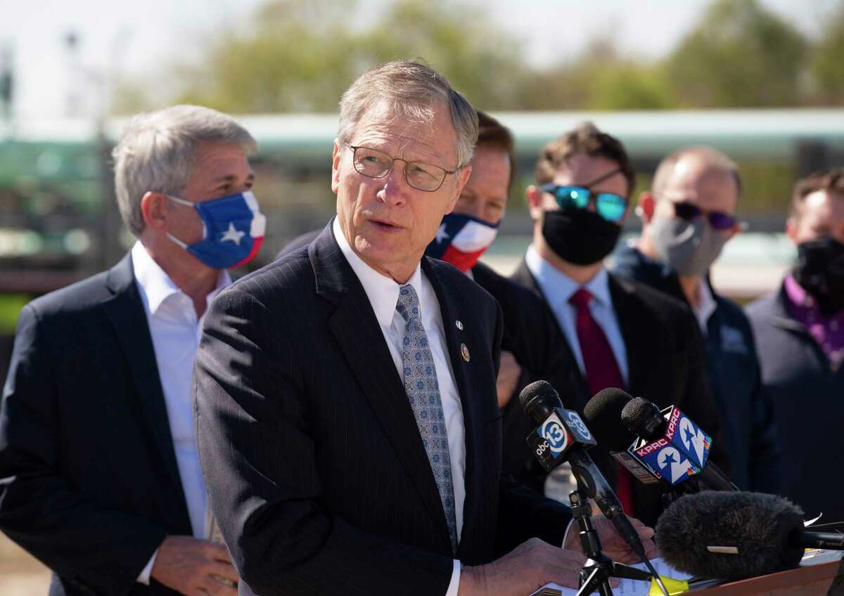 U.S. Representative Brian Babin talks about the negative impact President Joe Biden’s energy policies a during press conferenceTuesday, Feb. 2, 2021, at Houston Ship Channel in Houston. Mmbers of the Republican Houston delegation participated the roundtable with Texas oil and gas workers.