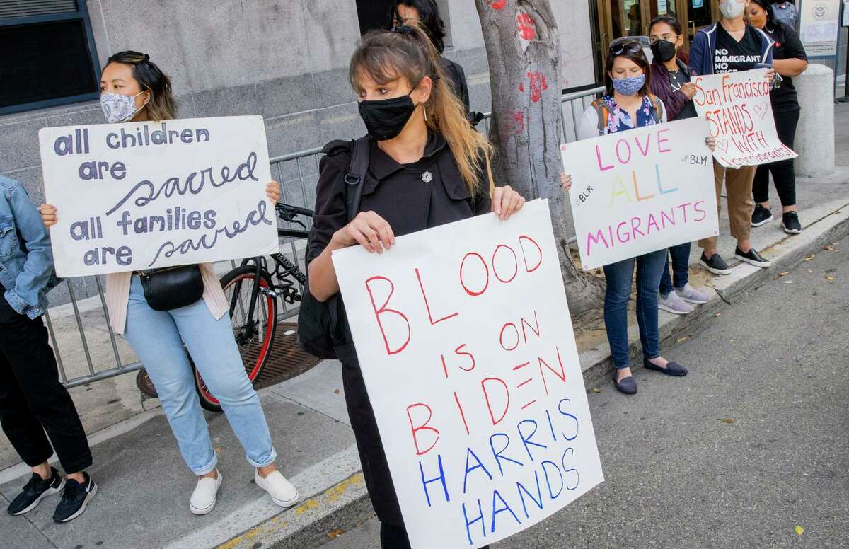 Rebecca Merton protests outside the federal government offices of the U.S. Immigration and Customs Enforcement, Thursday, Sept. 23, 2021, in San Francisco, Calif. People protested against the recent treatment of Haitian immigrants at the U.S.-Mexico border.