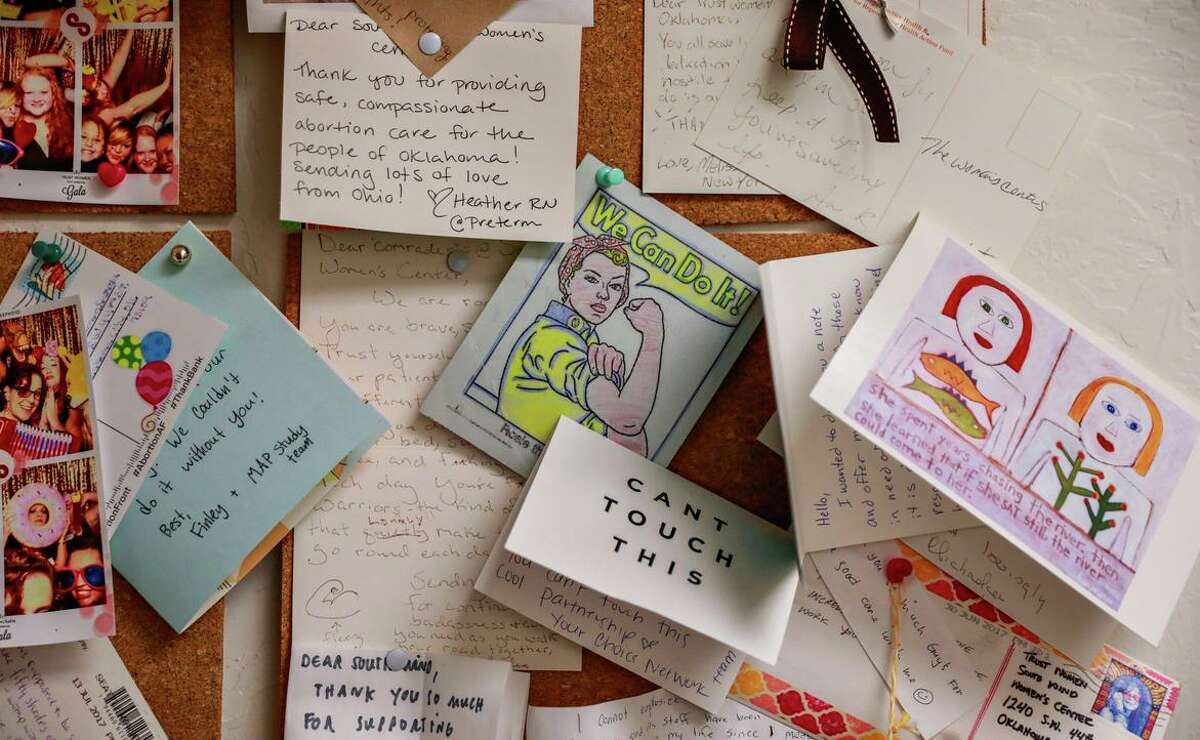 Thank-you notes are posted on the wall at the Trust Women clinic in Oklahoma City, one of the few clinics in Oklahoma to perform abortions. It is difficult for the clinic to find local doctors who will perform abortions, so several physicians make trips there from out of state.