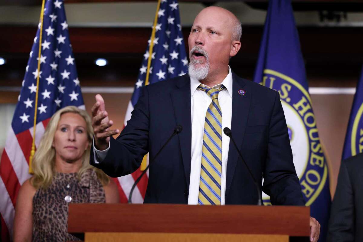 Rep. Chip Roy (R-TX), joined by Rep. Marjorie Taylor Greene (R-GA), speaks at a news conference about the National Defense Authorization Bill at the U.S. Capitol on September 22, 2021 in Washington, D.C. 