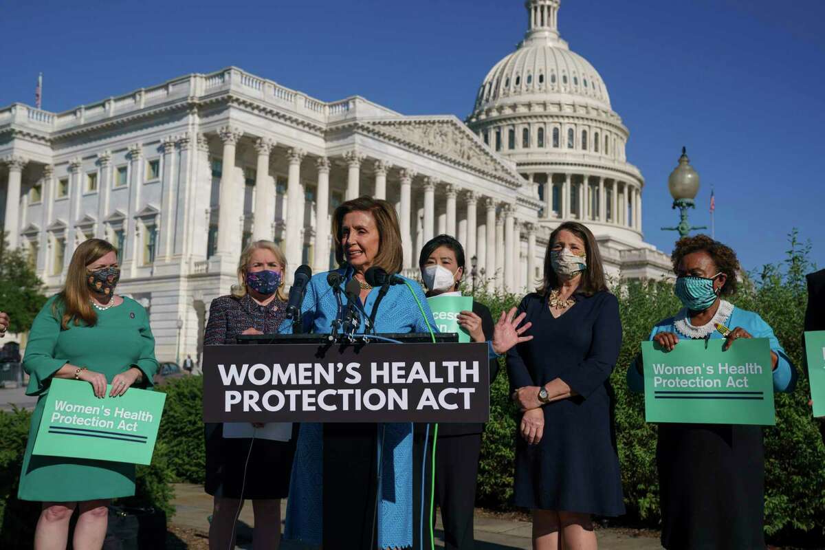 House Speaker Nancy Pelosi, D-Calif., joined from left by Rep. Lizzie Fletcher, D-Texas, Rep. Sylvia Garcia, D-Texas, Rep. Judy Chu, D-Calif., Rep. Diana DeGette, D-Colo., and Rep. Barbara Lee, D-Calif., holds a news conference just before a House vote on legislation aimed at guaranteeing a woman’s right to an abortion, an effort by House Democrats to circumvent a new Texas law that has placed that access under threat, at the Capitol in Washington, Friday, Sept. 24, 2021. (AP Photo/J. Scott Applewhite)