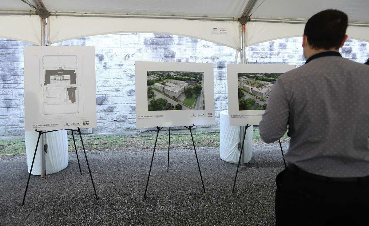 Renderings of St. Elizabeth Place, a new community of 85 apartment homes during a groundbreaking at the old St. Elizabeth Hospital in the Fifth Ward, which is being converted into mixed-income housing, Friday, September 24, 2021, in Houston. The project has attracted some controversy among neighbors, some of whom have decried it as gentrification.