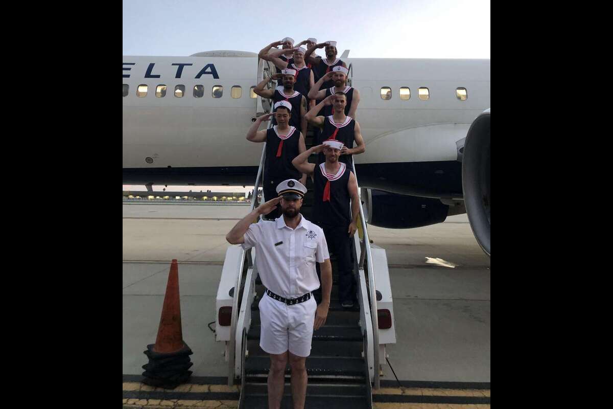 For rookie dress-up day, the Giants had their self appointed captain, Brandon Belt, don a uniform, and the younger players all wore sailor costumes.