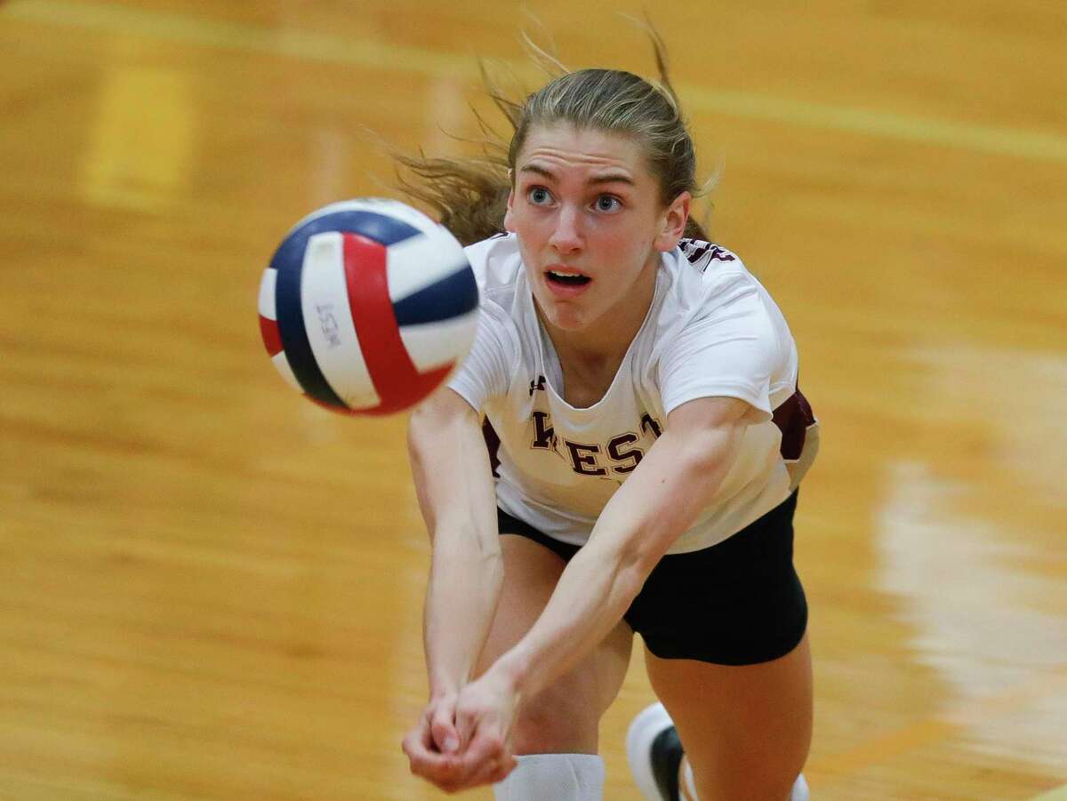Magnolia West’s Bethany May (4) goes for a dig during the third set of a District 19-5A high school volleyball match at Magnolia West High School, Tuesday, Sept. 21, 2021, in Magnolia.