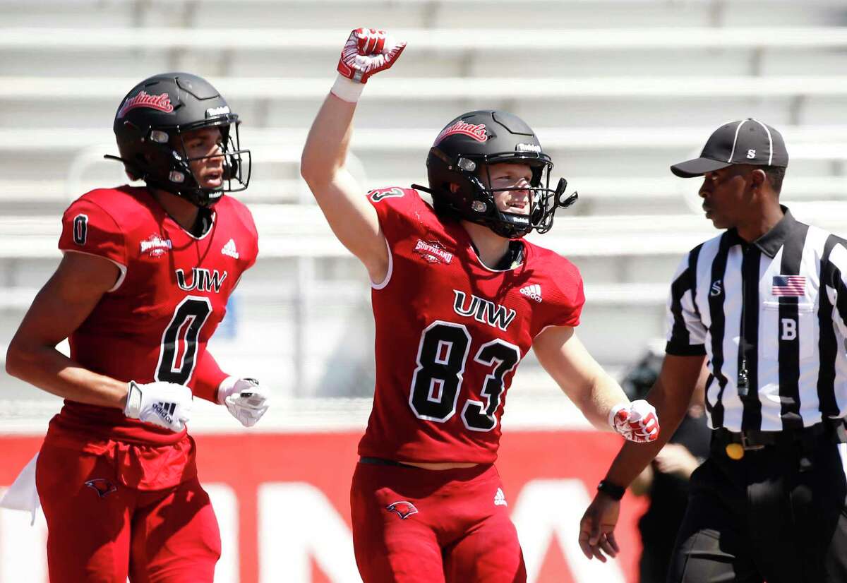 UIW Trevor Begue(83) celebrates his touchdown in second quarter on Saturday, Sept. 25, 2021. Halftime score UIW 21 McNeese 0.