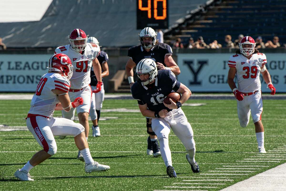 Yale quarterback Griffin O’Connor carries against Cornell at the Yale Bowl in New Haven on Saturday.