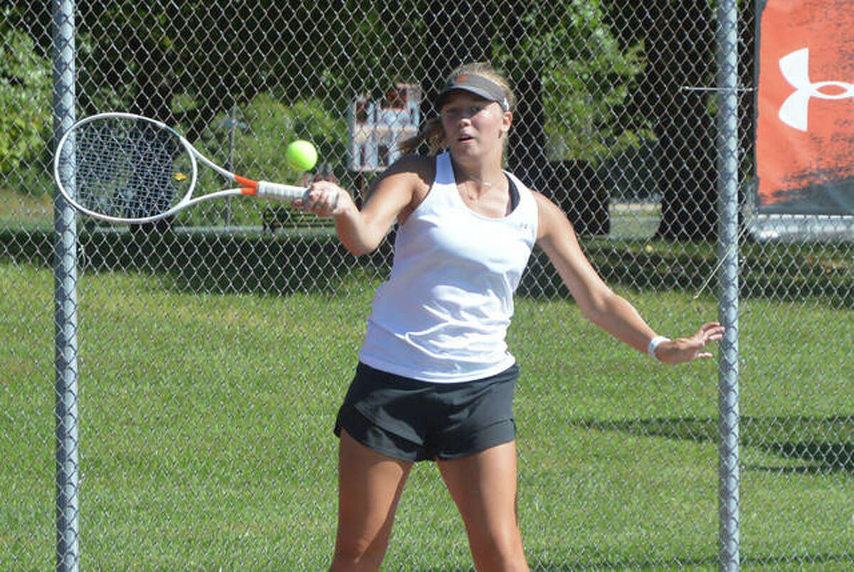 Edwardsville’s Hannah Colbert makes a forehand return during her No. 2 singles on Saturday against Columbia Rock Bridge in the Southern Illinois Duals.