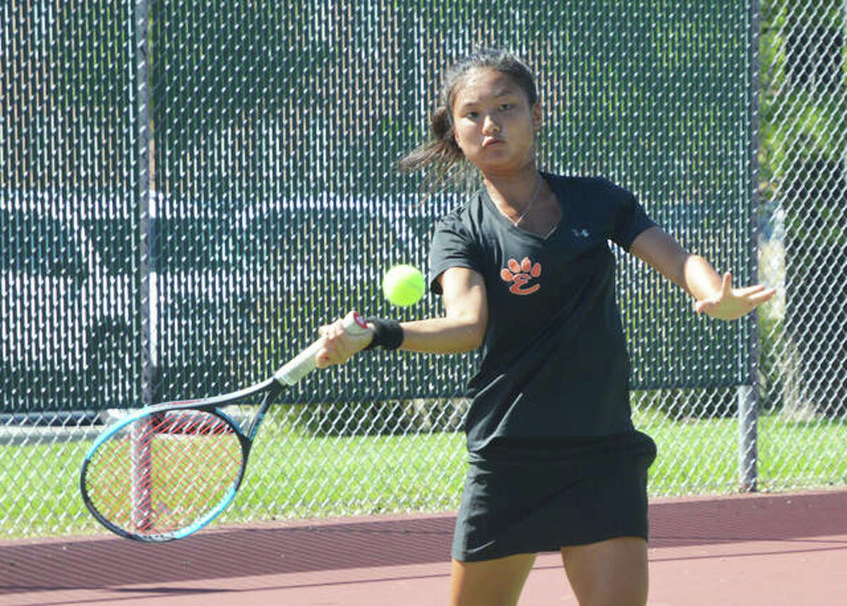 Edwardsville’s Chloe Koons keeps her eyes on the ball during her No. 1 singles match on Saturday against Columbia Rock Bridge in the Southern Illinois Duals.