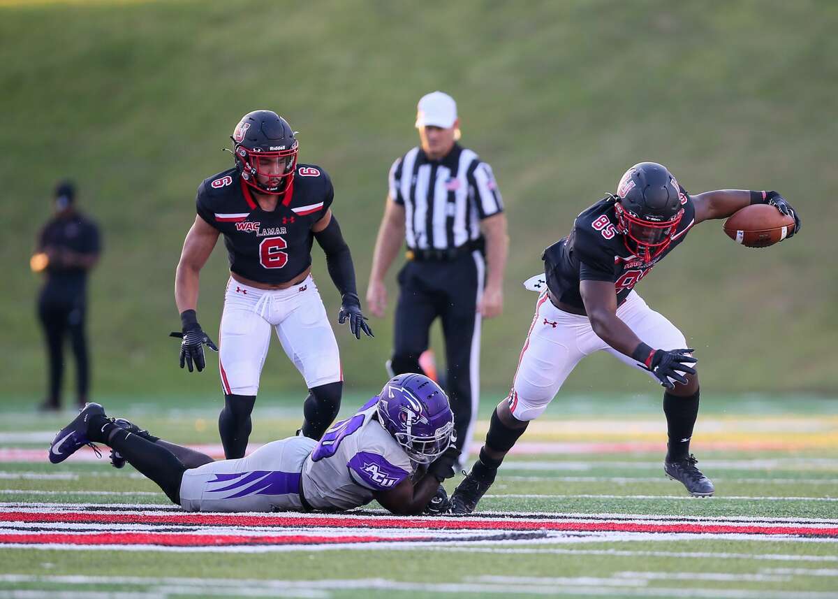 Lamar tight end Dawud Shorts (85) breaks a tackle Saturday at Provost Umphrey Stadium in Beaumont, TX. Photo taken September 25, 2021 Jarrod Brown for Beaumont Enterprise
