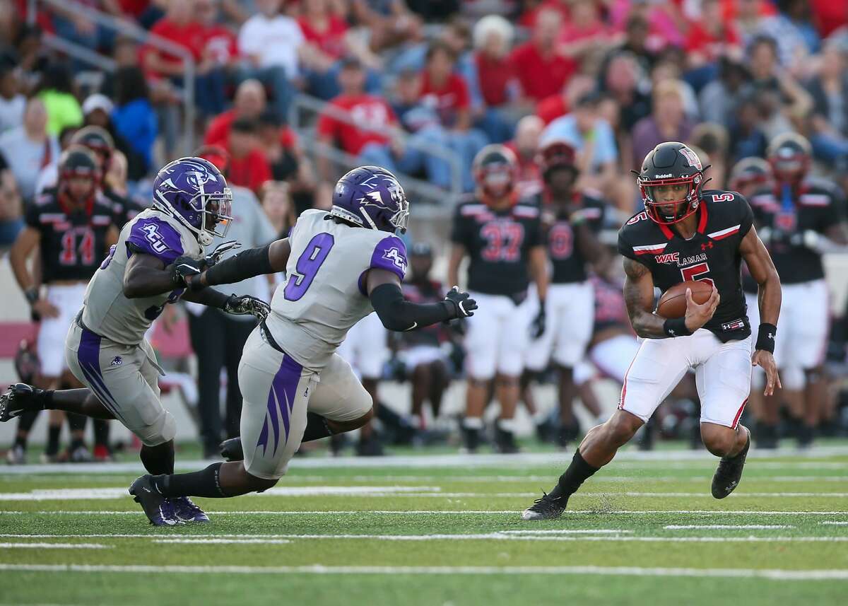Lamar quarterback Jalen Dummett (5) looks for a whole Saturday at Provost Umphrey Stadium in Beaumont, TX. Photo taken September 25, 2021 Jarrod Brown for Beaumont Enterprise