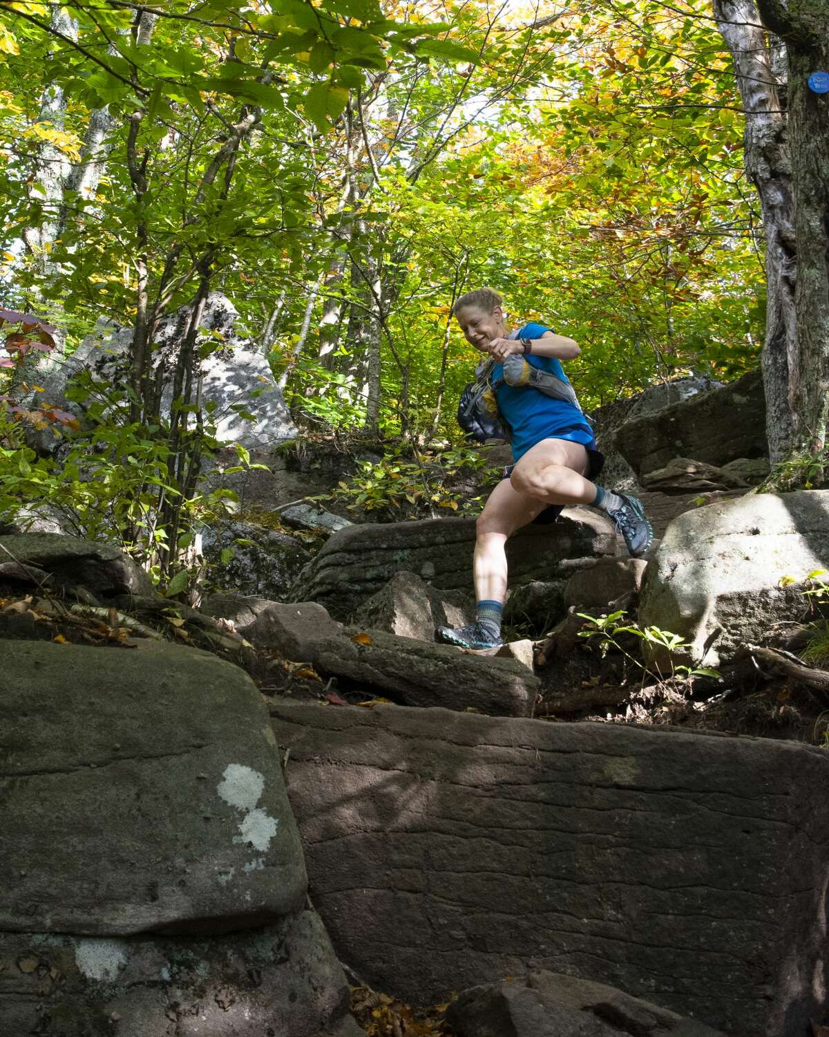 Jennifer Bloom descends ledges during the 2020 Cat's Tail marathon, a 26-mile race along Catskill Mountain trails.