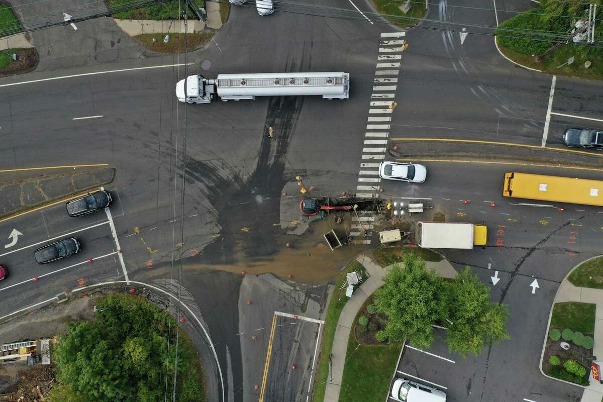 A water main break on Post Road in Westport, Conn., on Monday, Sept. 27, 2021, is causing some traffic delays.
