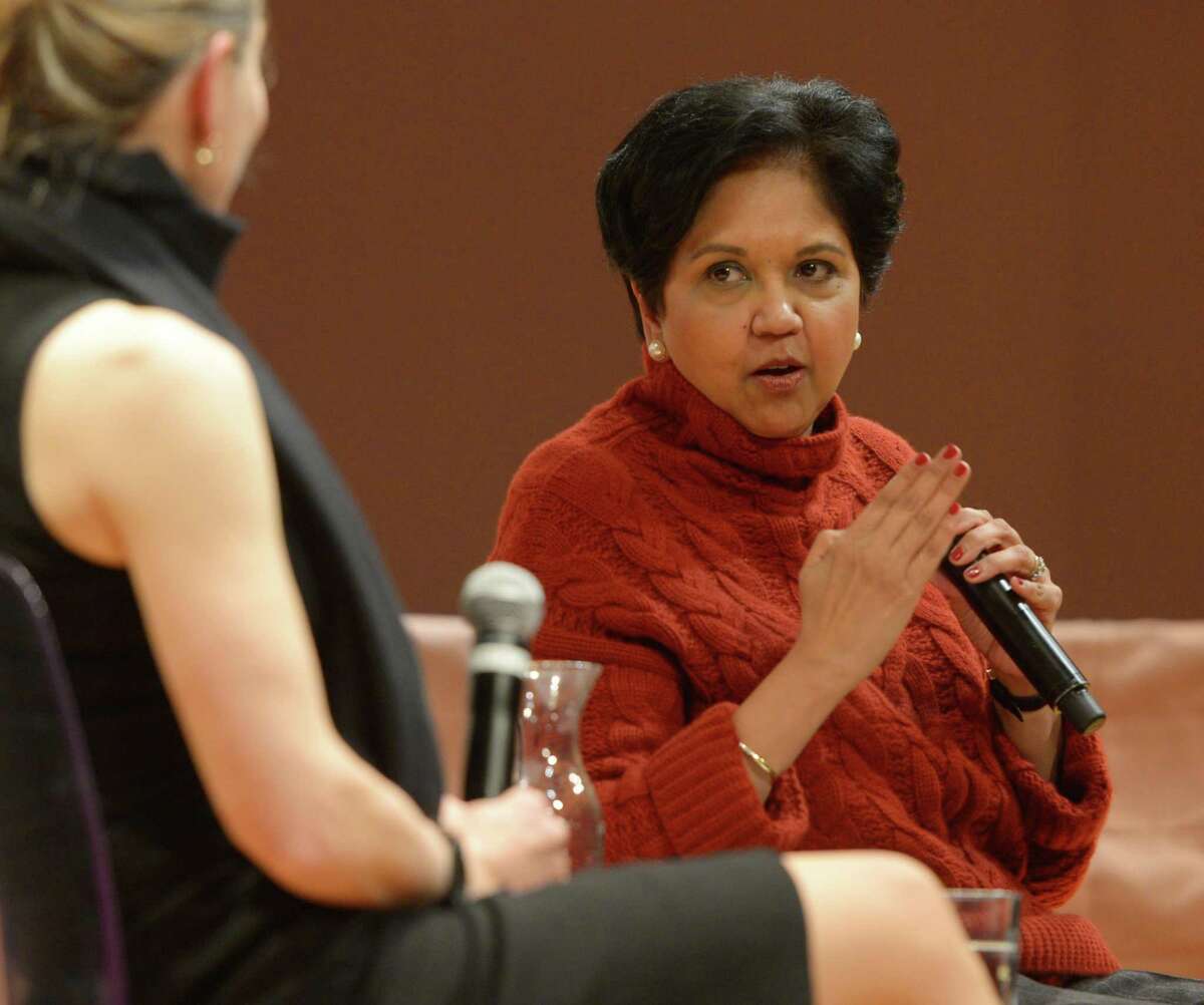 Indra Nooyi speaks in January 2019 in Greenwich, Conn.