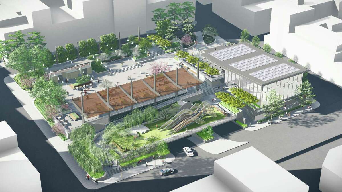 A rendering of Portsmouth Square after its planned redesign and removal of the Kearny Street Pedestrian Bridge.