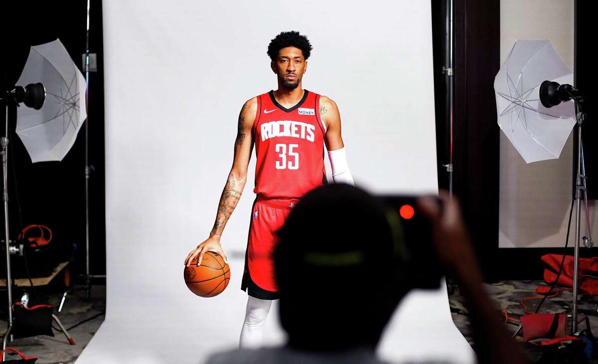 Houston Rocket's Christian Wood (35) poses for a photo during media day in Houston on Monday, Sept. 27, 2021.