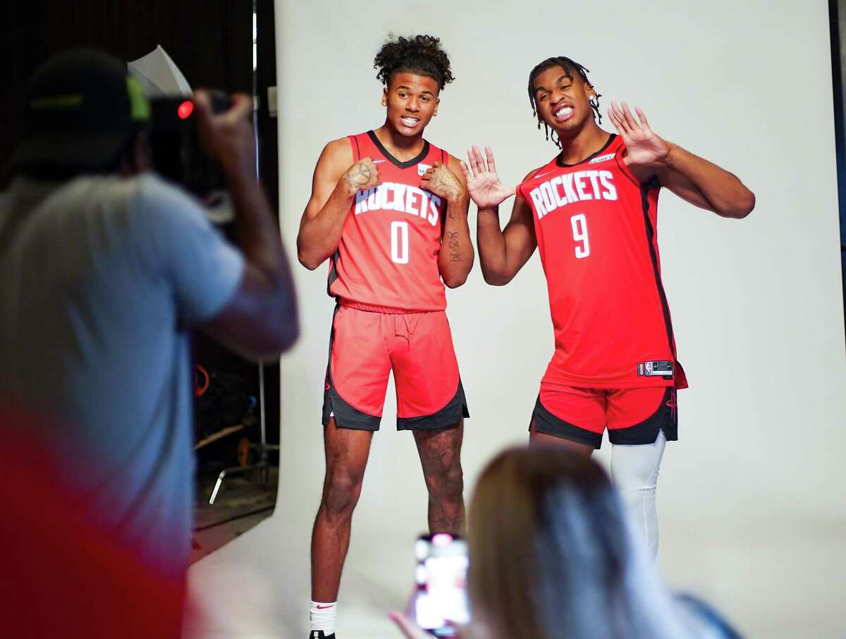 Houston Rockets 19-year-old rookies Jalen Green (0) and Josh Christopher (9) pose for a photo during Rocket's Media Day in Houston on Monday, Sept. 27, 2021.