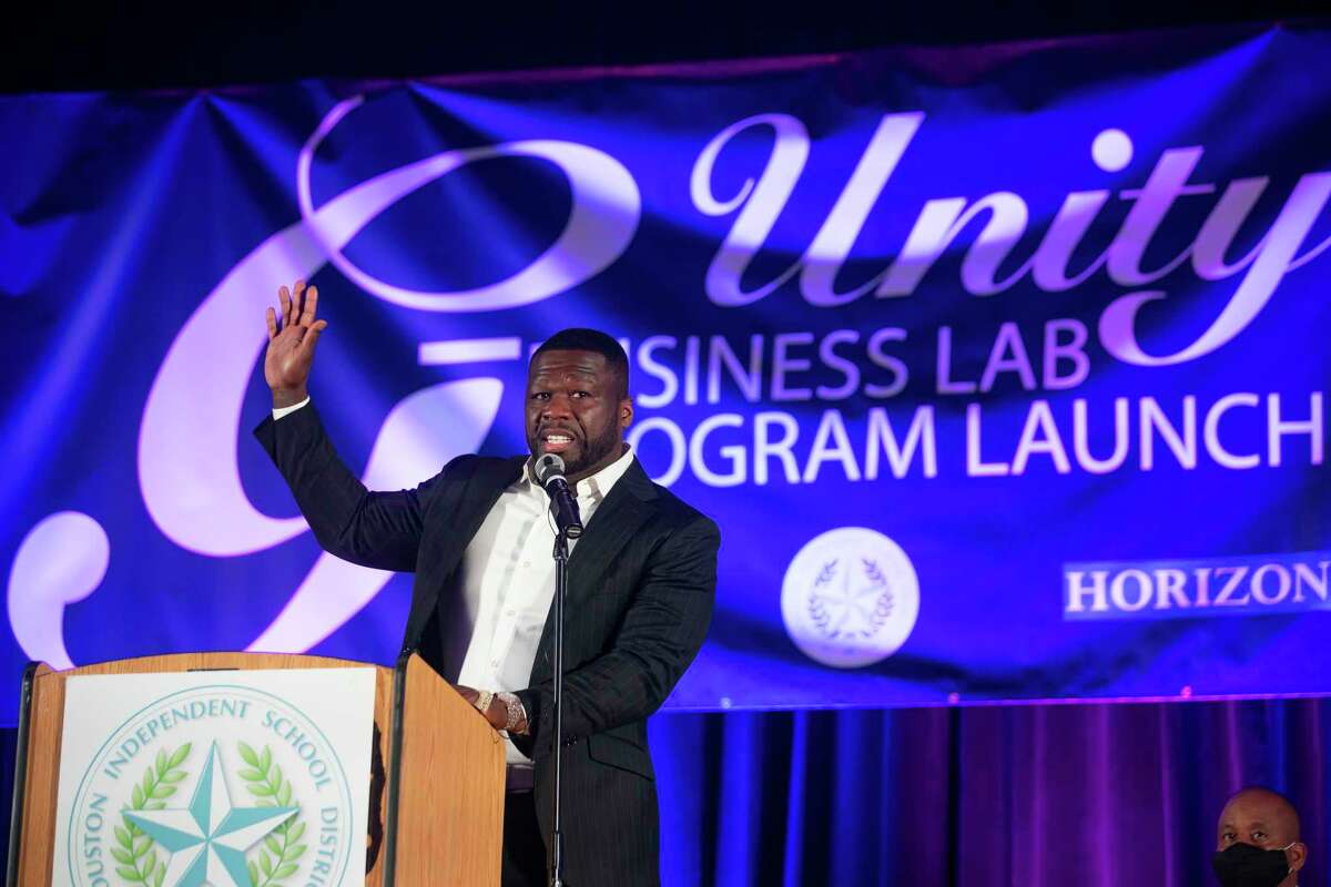 Curtis "50 Cent" Jackson speaks during the induction ceremony for the G-Unity Business Lab, Monday, Sept. 27, 2021, at Wheatley High School in Houston. The initiative is a partnership between Curtis "50 Cent" Jackson's G-Unity Foundation and Houston Independent School District. The business lab will offer MBA-style business classes for students interested in entrepreneurial endeavors.