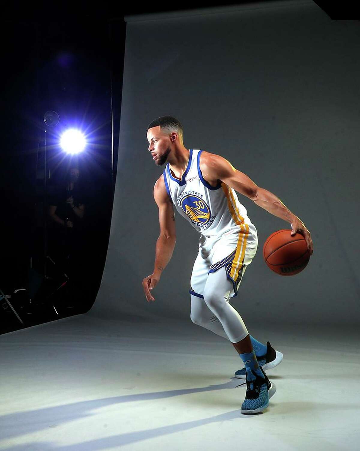 Warriors’ guard Stephen Curry is photographed during media day Monday at Chase Center in San Francisco.